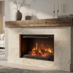 Modern fireplace framed with wood mantel and stone surround in a cozy living room