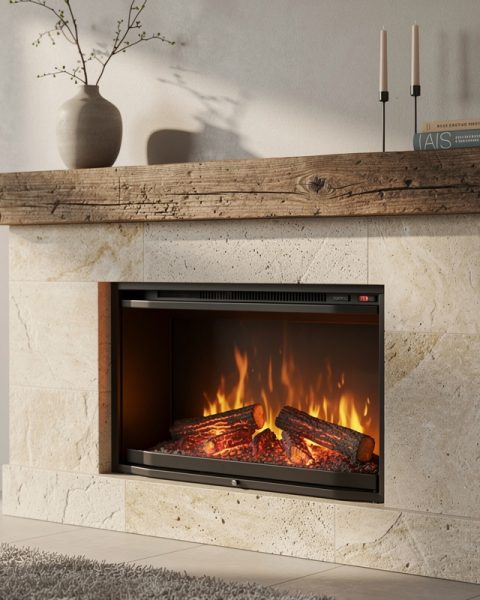 Modern fireplace framed with wood mantel and stone surround in a cozy living room