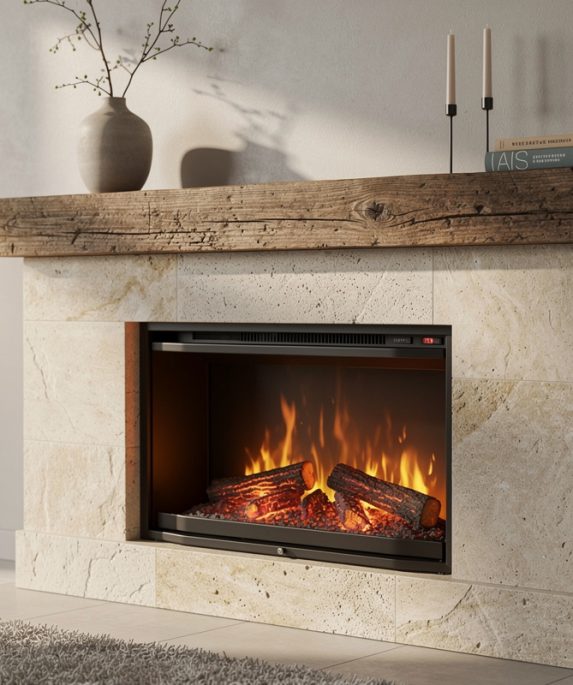 Modern fireplace framed with wood mantel and stone surround in a cozy living room