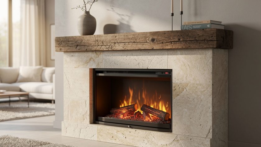 Modern fireplace framed with wood mantel and stone surround in a cozy living room