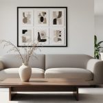 Modern living room with neutral sofa, walnut coffee table, black-framed gallery wall, and a ceramic vase under soft natural light.