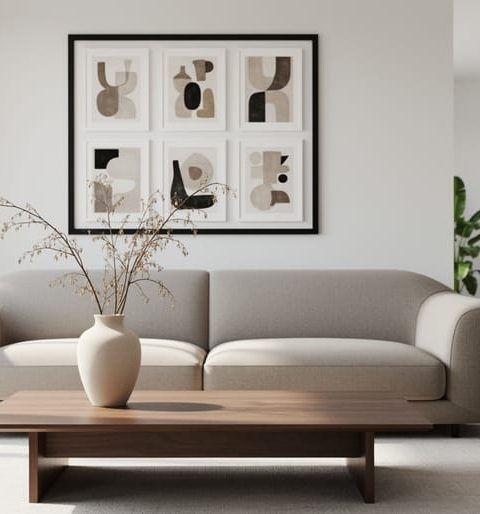 Modern living room with neutral sofa, walnut coffee table, black-framed gallery wall, and a ceramic vase under soft natural light.