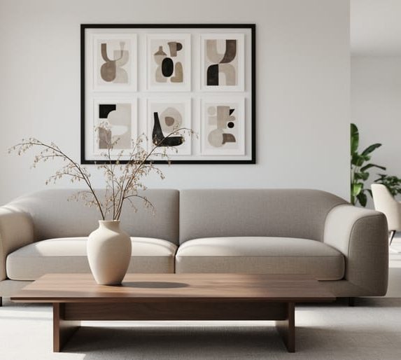Modern living room with neutral sofa, walnut coffee table, black-framed gallery wall, and a ceramic vase under soft natural light.