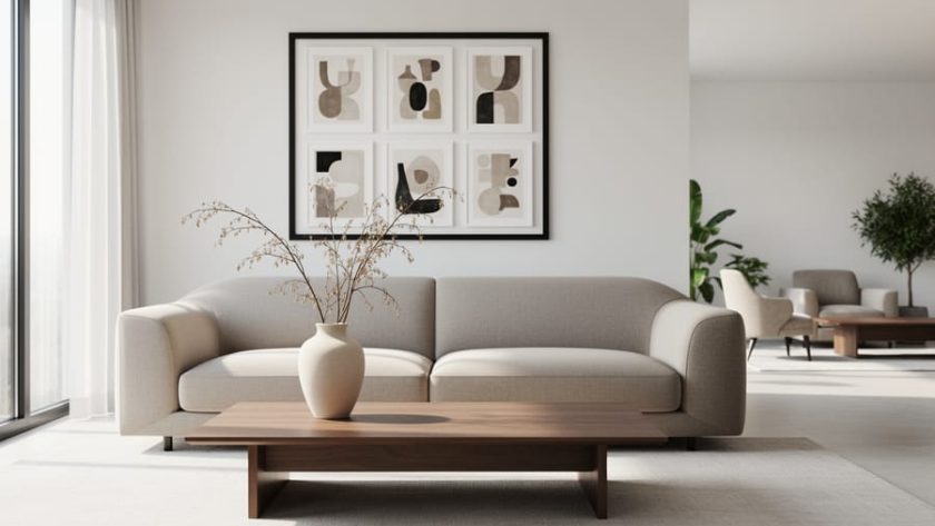 Modern living room with neutral sofa, walnut coffee table, black-framed gallery wall, and a ceramic vase under soft natural light.
