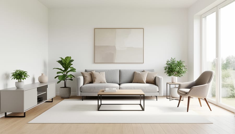 Bright modern living room with neutral sectional sofa, light oak coffee table, and clean-lined decor
