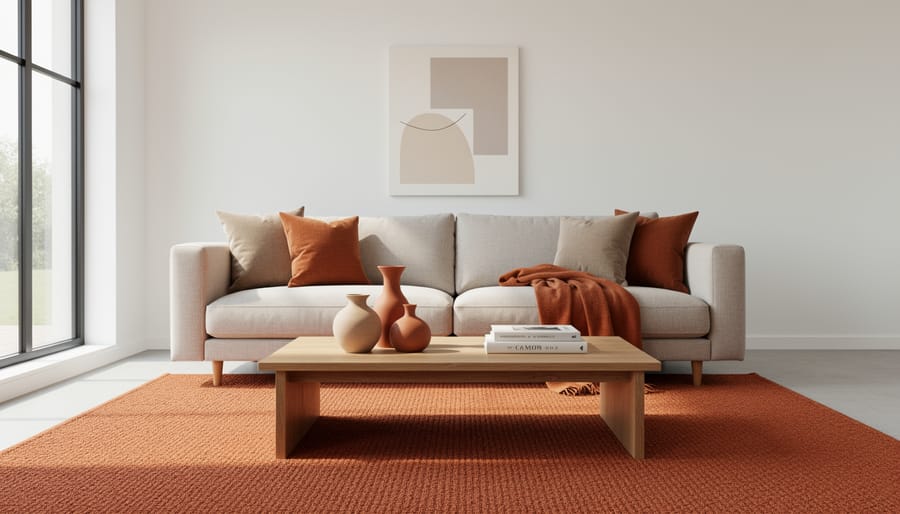 Burnt orange area rug and throw pillows styled in a modern living room with neutral furniture and warm earth-toned decor