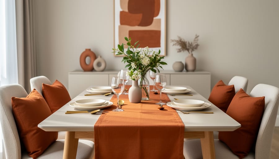 Burnt orange ceramic pitcher and table runner styled on a dining table with complementary cream and sage-toned accents
