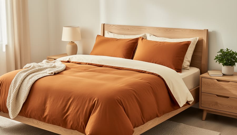 Burnt orange duvet and accent pillows on a bed with cream curtains and warm bedside lighting