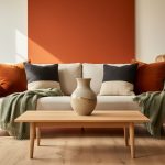 Living room decorated with burnt orange throw pillows, a burnt orange accent element, and warm earth-toned decor against cream, charcoal, and sage green backgrounds.