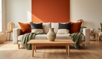Living room decorated with burnt orange throw pillows, a burnt orange accent element, and warm earth-toned decor against cream, charcoal, and sage green backgrounds.