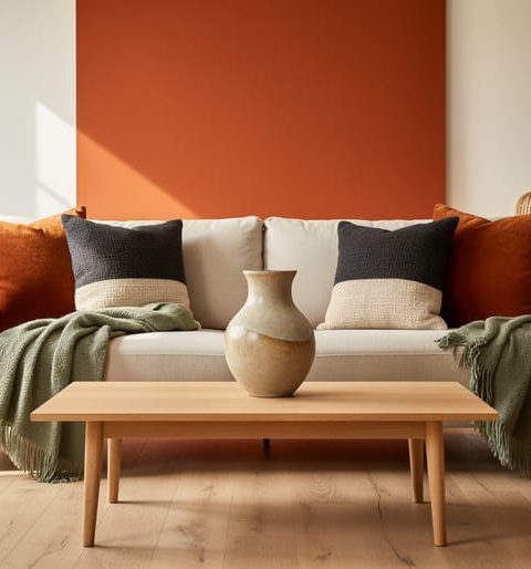 Living room decorated with burnt orange throw pillows, a burnt orange accent element, and warm earth-toned decor against cream, charcoal, and sage green backgrounds.