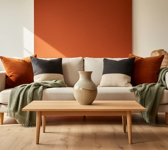 Living room decorated with burnt orange throw pillows, a burnt orange accent element, and warm earth-toned decor against cream, charcoal, and sage green backgrounds.
