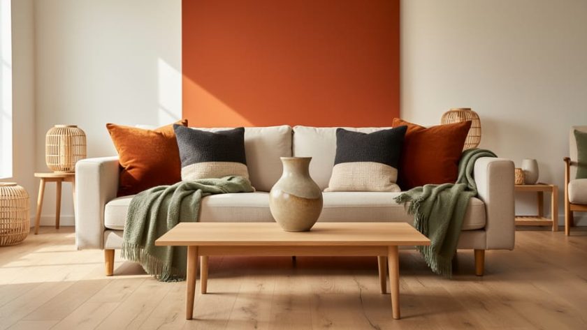 Living room decorated with burnt orange throw pillows, a burnt orange accent element, and warm earth-toned decor against cream, charcoal, and sage green backgrounds.