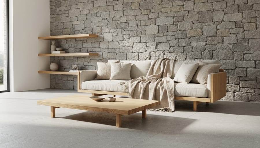 Close-up of a modern shelf styling with natural materials like wood, stone planter, and linen