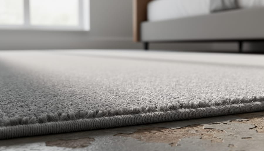 Close-up of modern carpet fibers showing low-pile texture and fine strand detail