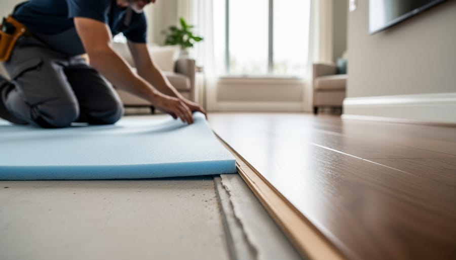 Floor-level view showing modern carpet installation with underlay and a neat baseboard edge