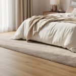 Modern bedroom with warm light-oak plank flooring, plush neutral area rug, and natural window light creating a high-end look.