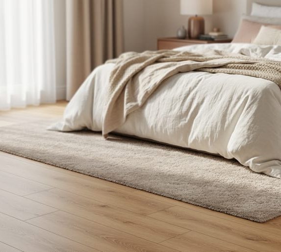 Modern bedroom with warm light-oak plank flooring, plush neutral area rug, and natural window light creating a high-end look.