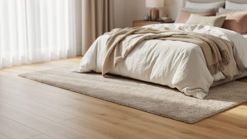 Modern bedroom with warm light-oak plank flooring, plush neutral area rug, and natural window light creating a high-end look.
