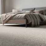 “Modern bedroom featuring a neutral low-pile wall-to-wall carpet with minimalist furnishings under soft natural light.”