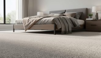 “Modern bedroom featuring a neutral low-pile wall-to-wall carpet with minimalist furnishings under soft natural light.”