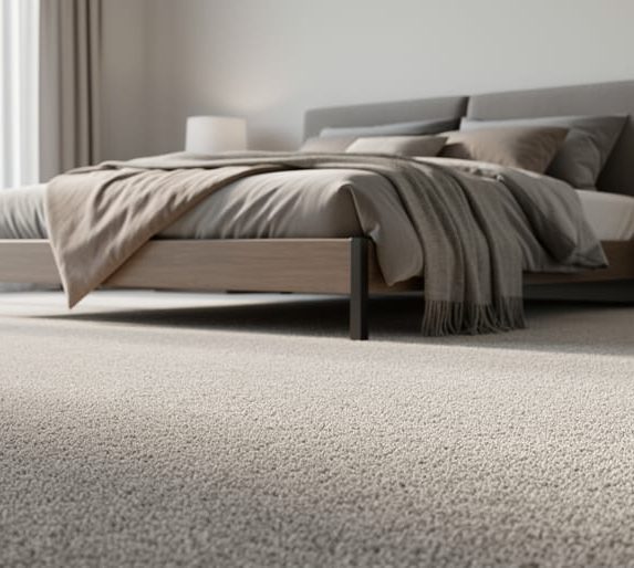“Modern bedroom featuring a neutral low-pile wall-to-wall carpet with minimalist furnishings under soft natural light.”