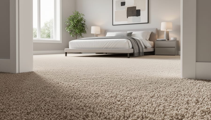 Modern bedroom featuring a neutral low-pile wall-to-wall carpet and minimalist furnishings