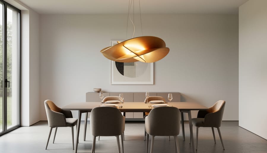 Sculptural pendant light over a modern dining table with warm glow and reflective accents