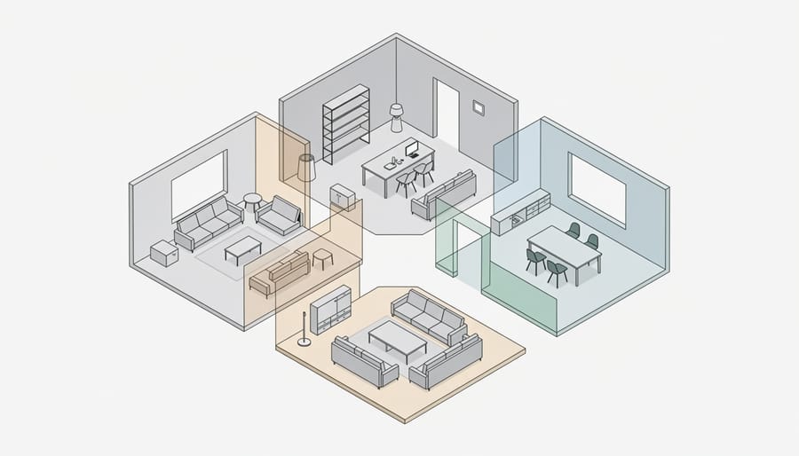 Wide view of an open-plan modern living area showing connected zones and minimal design