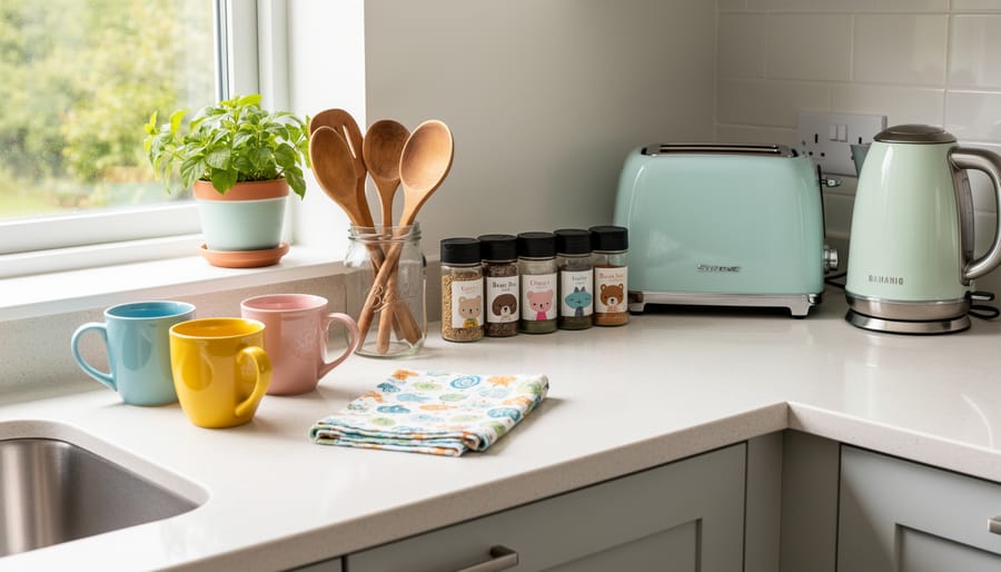 Cute kitchen counter styling with a potted plant, painted terracotta pot, colorful dish towels, and mugs