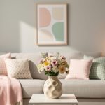Pastel throw blanket and patterned pillows on a sofa with a whimsical ceramic vase, quirky framed wall art, and small planter in a softly lit living room corner.