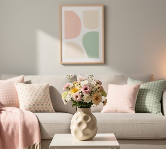 Pastel throw blanket and patterned pillows on a sofa with a whimsical ceramic vase, quirky framed wall art, and small planter in a softly lit living room corner.