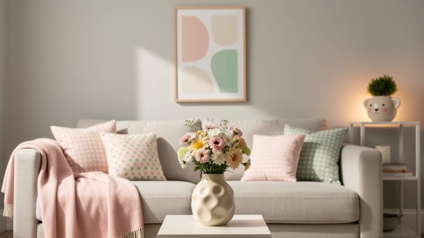 Pastel throw blanket and patterned pillows on a sofa with a whimsical ceramic vase, quirky framed wall art, and small planter in a softly lit living room corner.