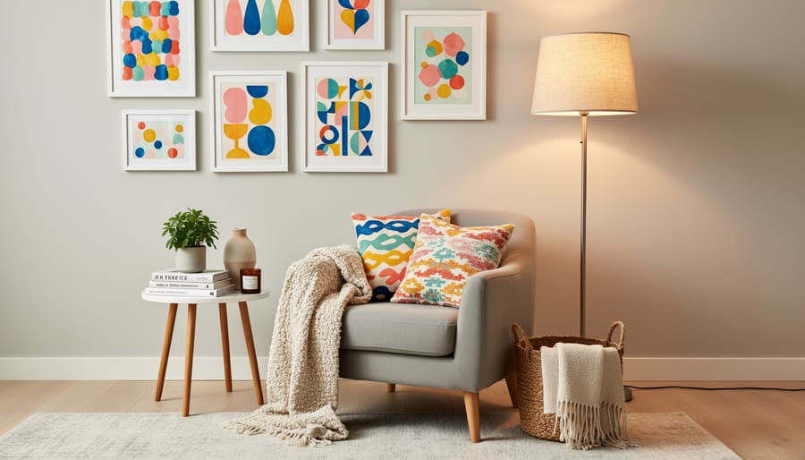 Pastel living room decor with a pastel throw blanket, patterned pillows, whimsical ceramic vase, and quirky framed wall art
