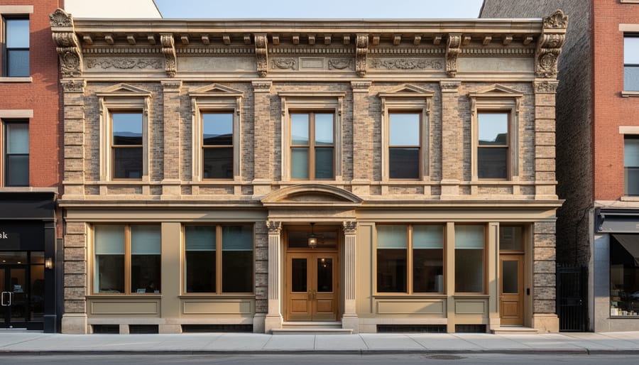 Historic brick home exterior with restored details and new windows in golden hour light