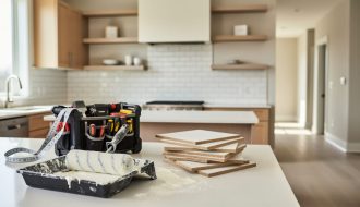 "Renovation tools and blank material sample boards on a kitchen countertop in a bright modern home interior with updated tile and fresh paint setup."