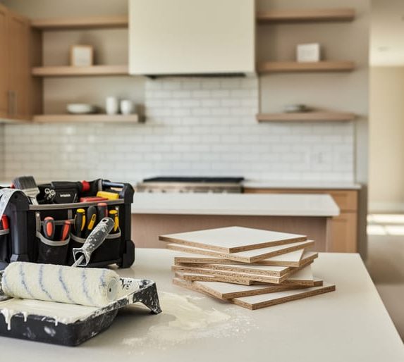 "Renovation tools and blank material sample boards on a kitchen countertop in a bright modern home interior with updated tile and fresh paint setup."