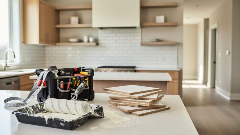 "Renovation tools and blank material sample boards on a kitchen countertop in a bright modern home interior with updated tile and fresh paint setup."