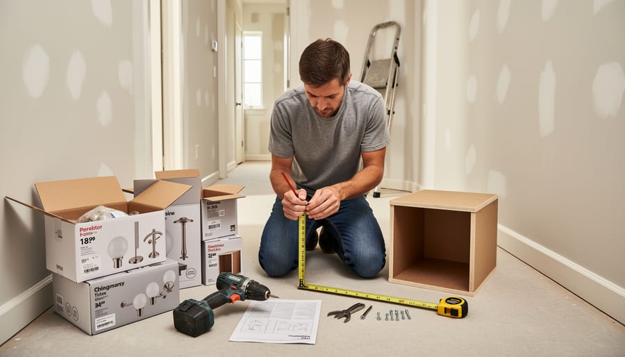 Homeowner using tools for a kitchen renovation with open wall studs visible