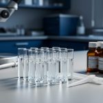 Clean laboratory bench with glass vials, reagent bottles, and a pipette under soft window light, representing research compounds in a scientific setting.