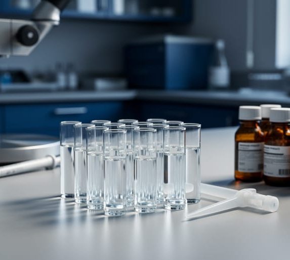 Clean laboratory bench with glass vials, reagent bottles, and a pipette under soft window light, representing research compounds in a scientific setting.