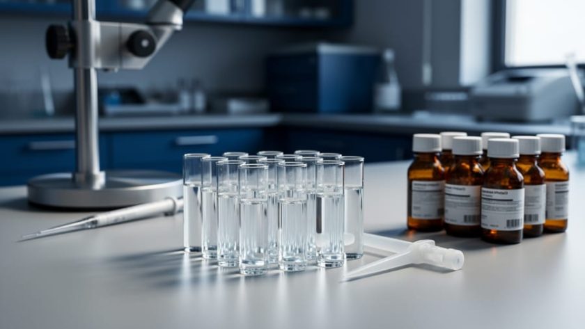 Clean laboratory bench with glass vials, reagent bottles, and a pipette under soft window light, representing research compounds in a scientific setting.