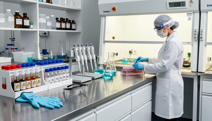 Laboratory bench with glass vials and lab equipment representing research materials