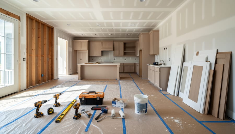 A living room mid-renovation with open wall studs, a built-in shelf being installed, and protective drop cloths on the floor