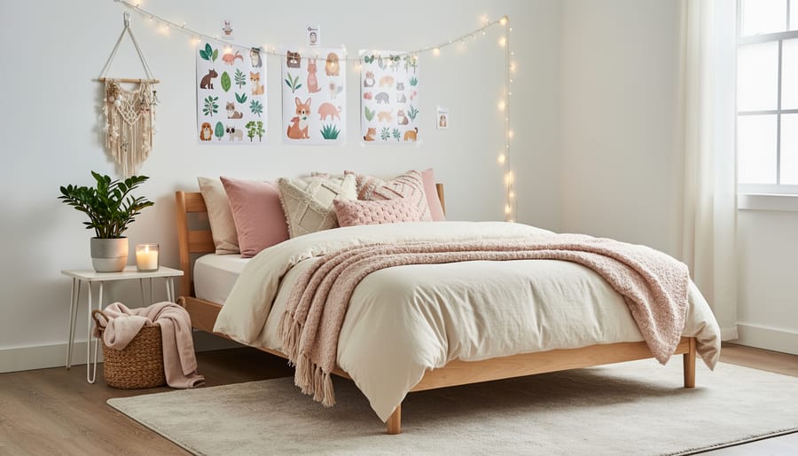 Cozy bedroom decorated with patterned bedding and string lights hung using renter-friendly methods