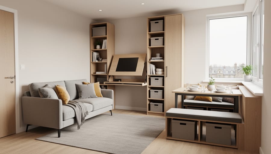 Cozy small living room with built-in storage bench and space-saving furniture