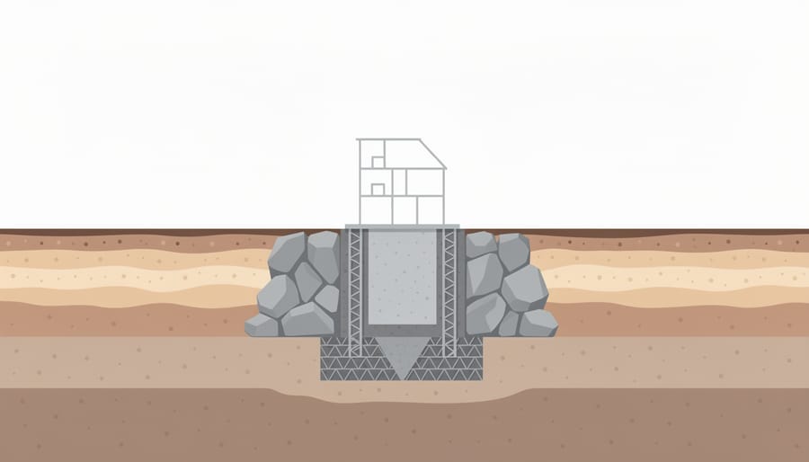 Low-angle view of concrete footings and rebar for a home addition foundation