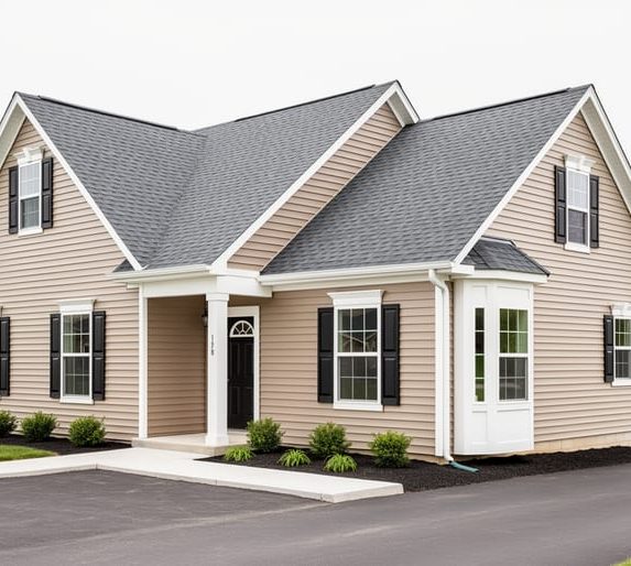 Front exterior of a single-family home with a visible bump-out addition and matching windows and siding under a bright overcast sky.