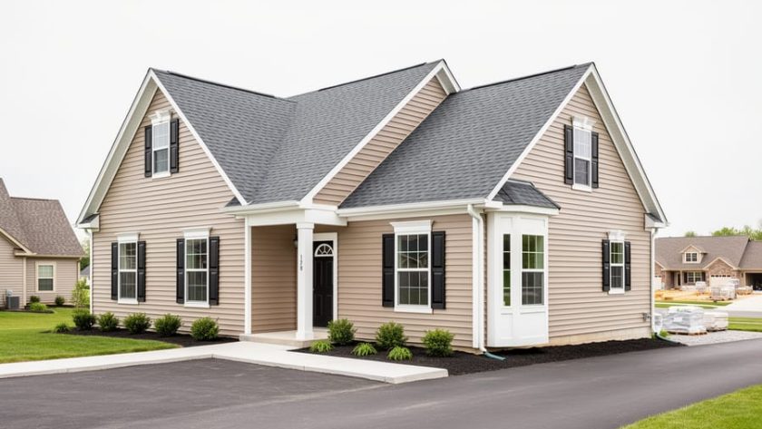 Front exterior of a single-family home with a visible bump-out addition and matching windows and siding under a bright overcast sky.
