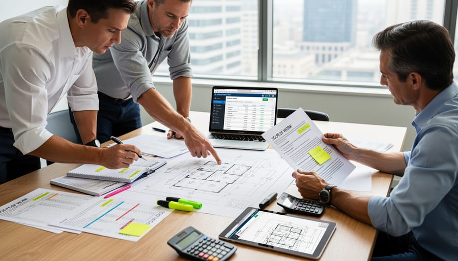 Contractor and homeowner discussing renovation details over an unread document on a kitchen island